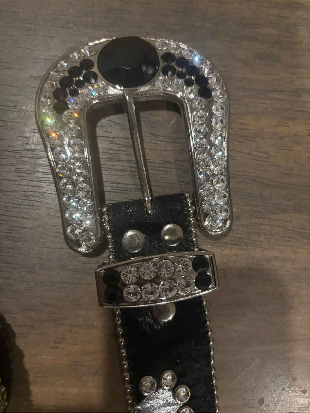B.B. Simon Black and Silver Crystal Western-Style Buckle Belt